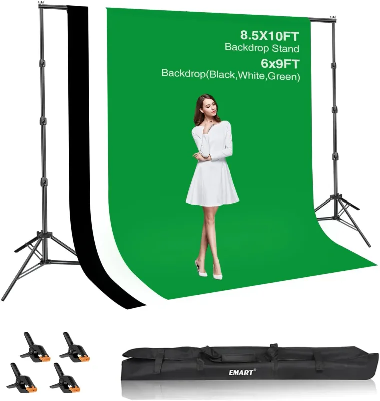 EMART 8.5x10ft Backdrop Stand Kit with Black/White/Green Backgrounds